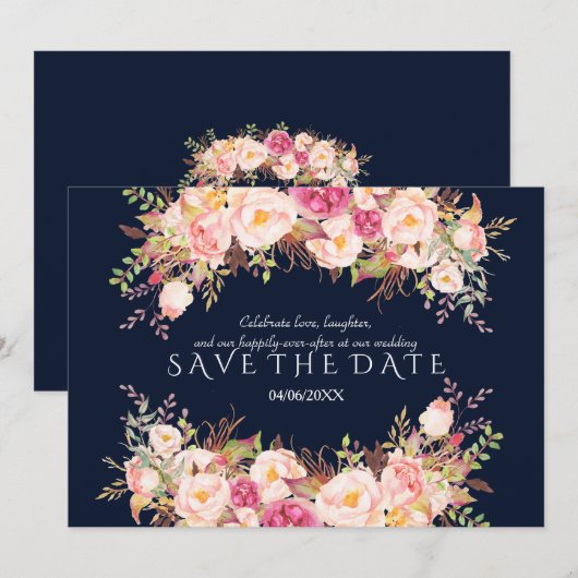 Romantische Roze Blush Bloemen Marineblauwe Trouwd Save The Date (Voorkant / Achterkant)