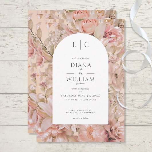 Romantische Roze Blush Bloemen Monogram Boog Kaart