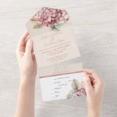 Romantische Roze & Blush Waterverf Hydrangea Flowe All In One Uitnodiging (Afscheurbaar)