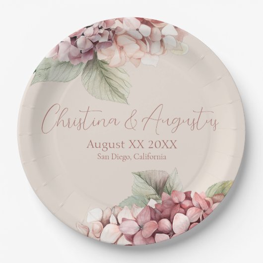 Romantische Roze & Blush Waterverf Hydrangea Flowe Papieren Bordje (Voorkant)