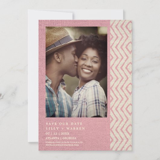 Romantische Roze Boho Textiel Textuur Zig Zag Foto Save The Date (Voorkant)