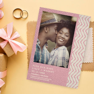 Romantische Roze Boho Textiel Textuur Zig Zag Foto Save The Date