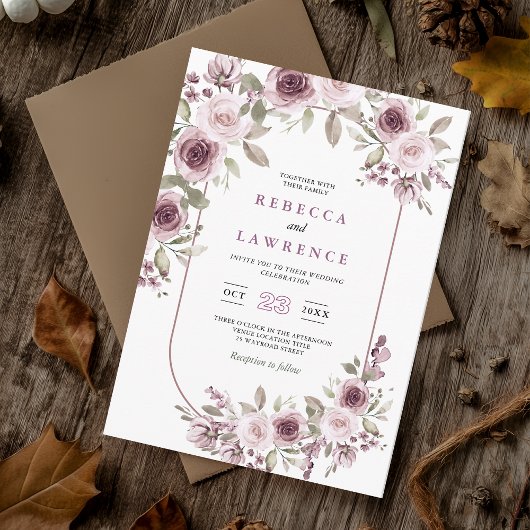 Romantische roze bordeaux botanische bruiloft kaart