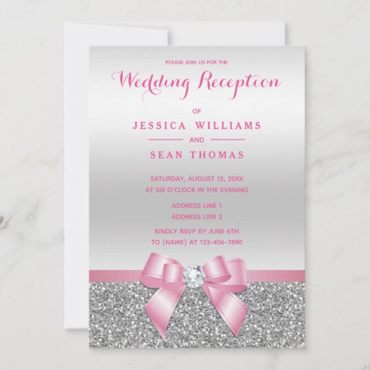 Romantische Roze Bow Zilveren Glitter Huwelijksrec Kaart (Voorkant)