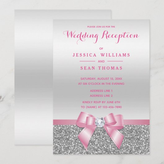 Romantische Roze Bow Zilveren Glitter Huwelijksrec Kaart (Voorkant / Achterkant)
