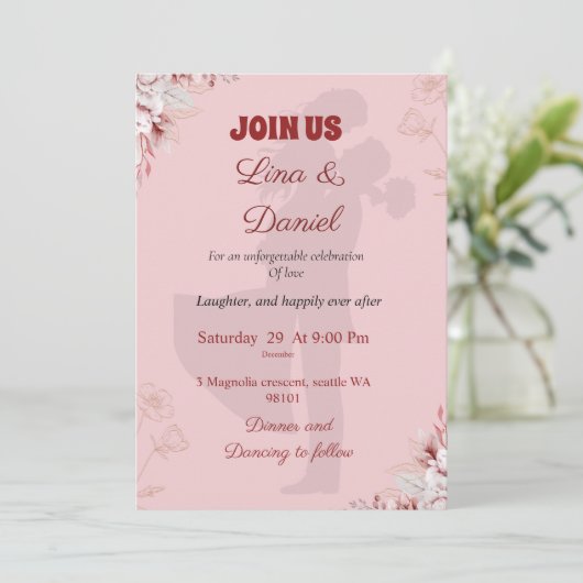 Romantische roze bruiloft uitnodiging. kaart (Staand voorkant)