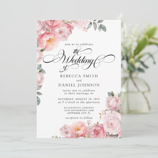 Romantische Roze Calligrafie Bloemenbruiloft Kaart (Staand voorkant)