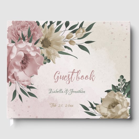 Romantische roze & champagne bloemen bruiloft gastenboek (Voorkant)