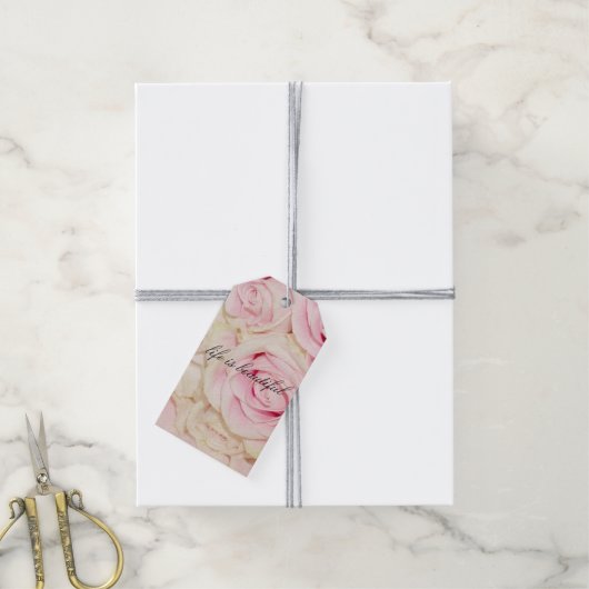 romantische roze crème rozen cadeaulabel (Met Touw)