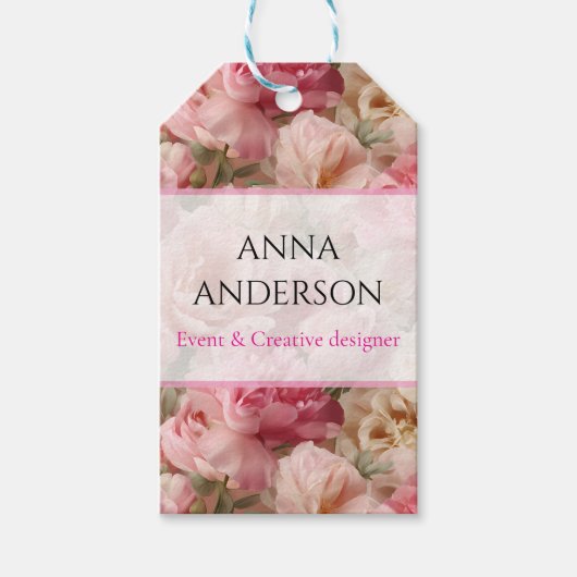 Romantische Roze & Crème Rozen en Pioenrozen Cadeaulabel (Voorkant)