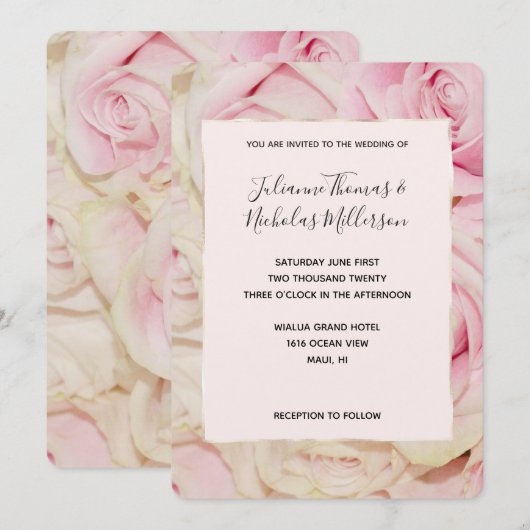  Romantische Roze Crème Rozen Huwelijksuitnodiging Kaart (Voorkant / Achterkant)