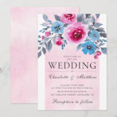 Romantische roze en blauwe Waterverf bloemenbruilo Kaart (Voorkant / Achterkant)