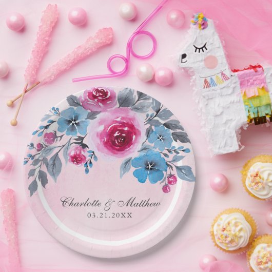 Romantische roze en blauwe Waterverf bloemenbruilo Papieren Bordje (Feest)