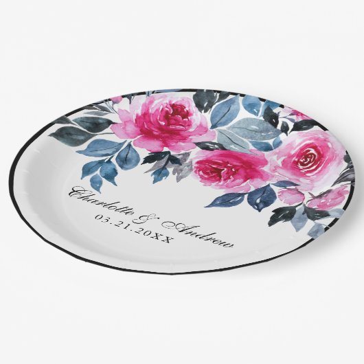 Romantische roze en blauwe Waterverf bloemenbruilo Papieren Bordje (Gekanteld)