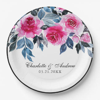 Romantische roze en blauwe Waterverf bloemenbruilo Papieren Bordje