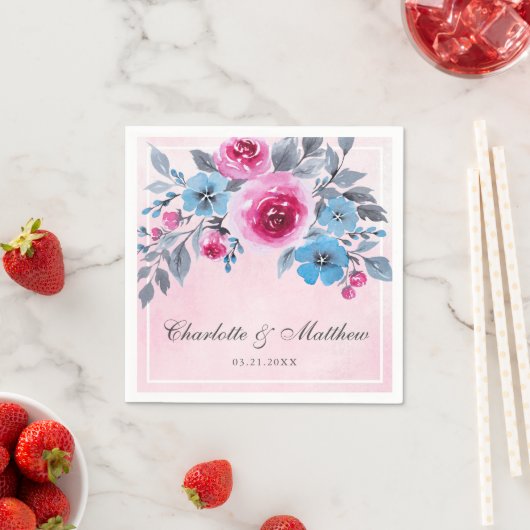 Romantische roze en blauwe Waterverf bloemenbruilo Servet (Insitu)