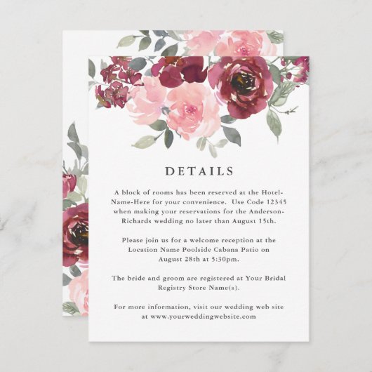 Romantische roze en bordeauxrode bloemen voor het  informatiekaartje (Voorkant / Achterkant)