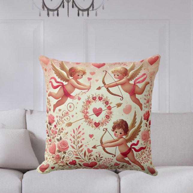 Romantische roze en gouden Cupido Valentijnsdag Kussen (Elegant Pink and Gold Cupid Throw Pillow – Perfect for Valentine's Day and romantic decor.







)
