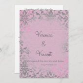  Romantische Roze en Grijze Damask Wedding Kaart (Voorkant / Achterkant)