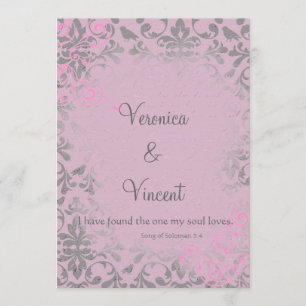 Romantische Roze en Grijze Damask Wedding Kaart