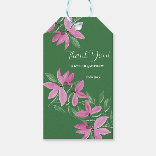 Romantische roze en groene wilde bloemen watercolo cadeaulabel (Voorkant)