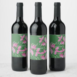 Romantische roze en groene wilde bloemen watercolo wijn etiket