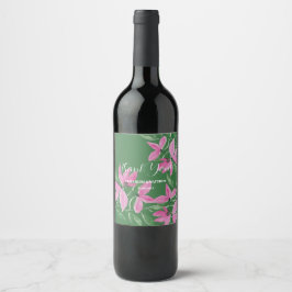 Romantische roze en groene wilde bloemen watercolo wijn etiket