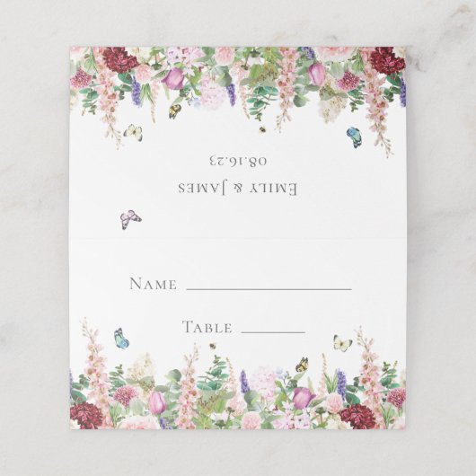 Romantische roze en paarse bloemen en botervliegen plaatskaartje (Buitenkant ongevouwen)