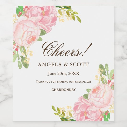 Romantische Roze en Perzik Pioenrozen Wijn Labels Wijn Etiket (Enkel label)