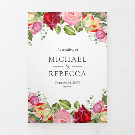 Romantische roze en rode rozen QR-code bruiloft Drieluik Uitnodiging (Cover)