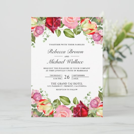 Romantische roze en rode rozen QR-code bruiloft Kaart (Staand voorkant)