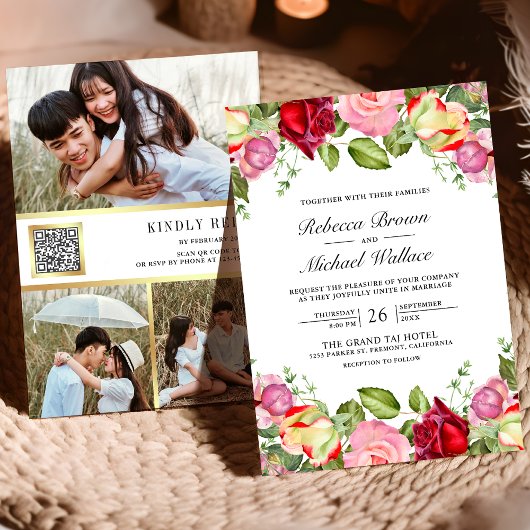 Romantische roze en rode rozen QR-code bruiloft Kaart