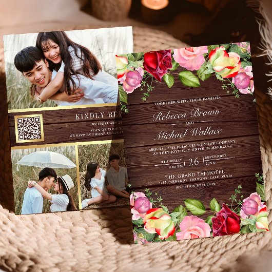 Romantische Roze en Rode Rozen QR Code Houten Brui Kaart