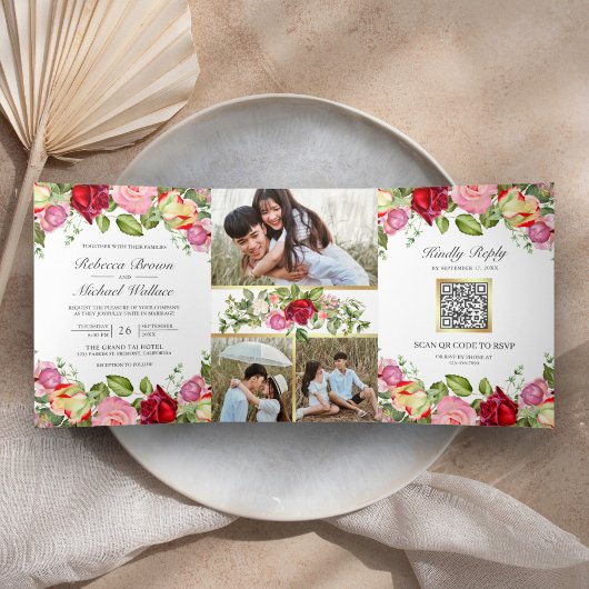Romantische Roze en Rode Rozen QR Code Trouwen Drieluik Uitnodiging