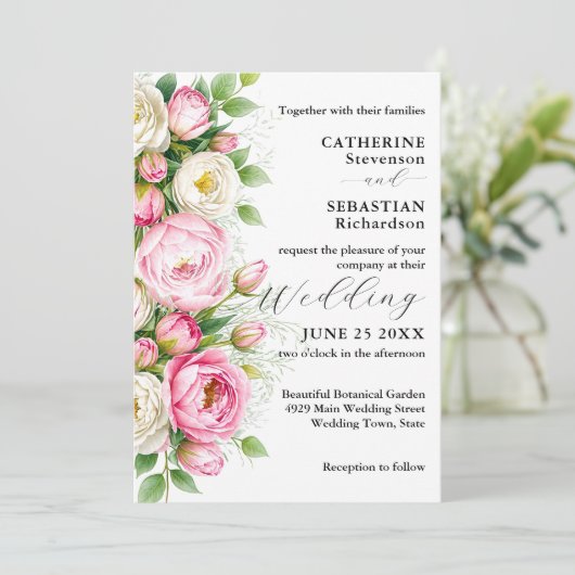 Romantische roze en witte pioenroos bloemen bruilo kaart (Staand voorkant)