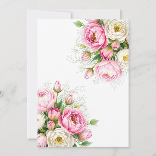 Romantische roze en witte pioenroos bloemen bruilo kaart (Achterkant)
