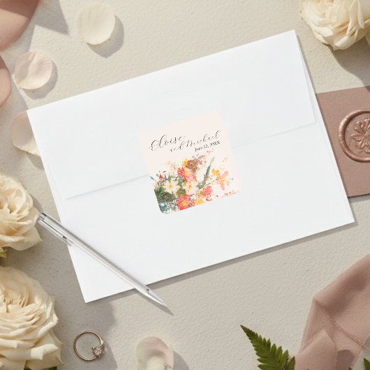 Romantische Roze Geschilderde Bloemachtige Bruilof Vierkante Sticker