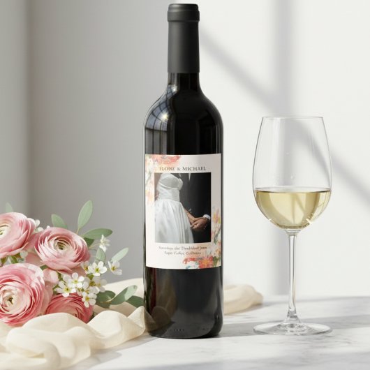 Romantische Roze Geschilderde Bloemachtige Bruilof Wijn Etiket