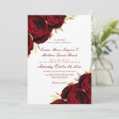 Romantische Roze Goud & Rode Bloemige Bruiloft Kaart (Staand voorkant)