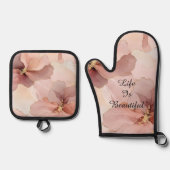 Romantische Roze Gouden Bloem Bruidsdouche Ovenwant & Pannenlap Set (Voorkant)