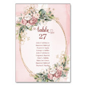 Romantische roze gouden bloemen groen tafel nummer kaart (Voorkant)