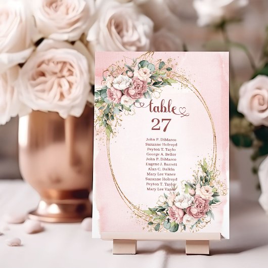 Romantische roze gouden bloemen groen tafel nummer kaart