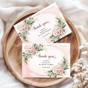 Romantische Roze Gouden Bloemige Groene Huwelijks  Bedankkaart