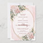 Romantische Roze Gouden Blush Bloemige Groene Huwe Kaart (Voorkant)