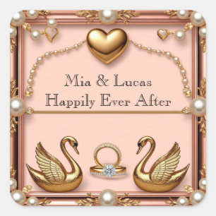 Romantische Roze Gouden Zwaan Bruiloft Lay-out Vierkante Sticker