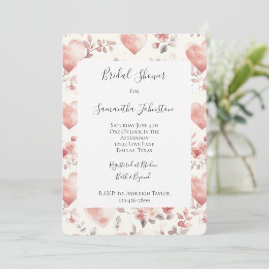Romantische Roze Harten Bloemige Bruiloftsdouche Kaart (Staand voorkant)