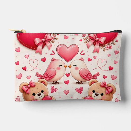 Romantische Roze Harten en Vogels Make-uptas Etui (Voorkant)
