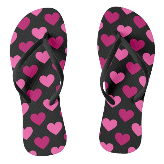 Romantische roze harten op zwart patroon teenslippers (Voetbed)
