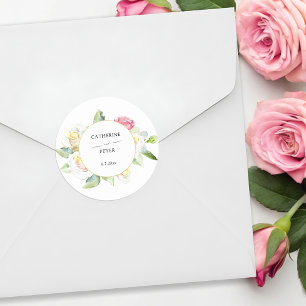 Romantische Roze/Ivoren Watercolor Rozen Bruiloft Ronde Sticker