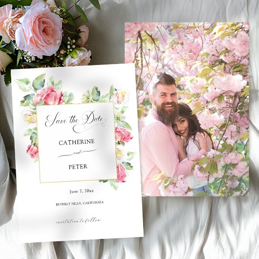 Romantische Roze/Ivoren Waterverfrozen Bruiloft Save The Date